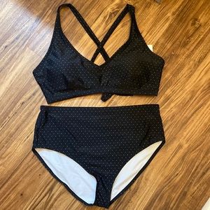 Island Rays X-Back Bralette and High Waisted Bottom 2 piece Swim 2X black dot